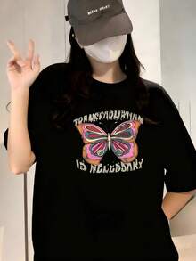 T-shirt décontracté pour femmes, 100% imprimé, à manches courtes, col rond, tendance et polyvalent, haut décontracté pour femmes. La transformation du papillon est nécessaire. - Noir - Voir 1