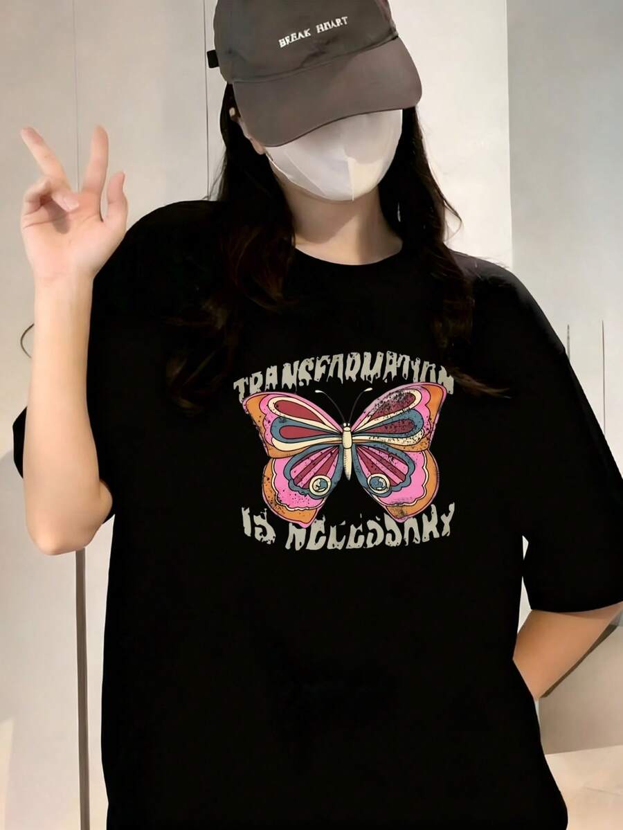 T-shirt décontracté pour femmes, 100% imprimé, à manches courtes, col rond, tendance et polyvalent, haut décontracté pour femmes. La transformation du papillon est nécessaire. - Noir - Voir 1