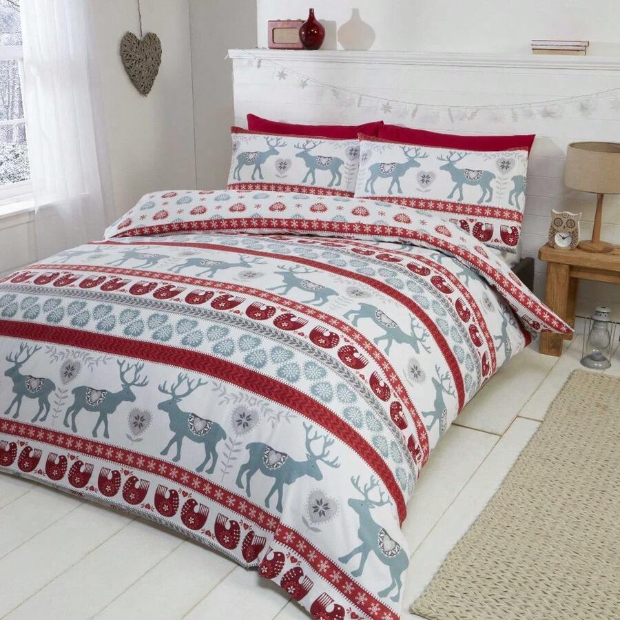 Scandi-Inspired Red Brushed Cotton Duvet Cover Set – Reversible Nordic Reindeer & Knit Mittens Design | Soft, Warm & Cozy Feel | Button Closure For Secure Fit | Includes 1 Pillowcase | Machine Washable For Easy Care | Available In Single, Double, Kin - Red - View 1
