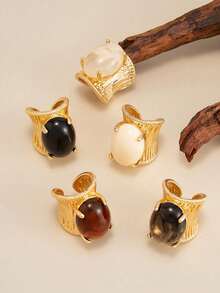 1pc Vintage Faux Gemstone Wide Band Ring, Heavy Luxury Embossed Resin Striped Ring - Gold Ring - View 4