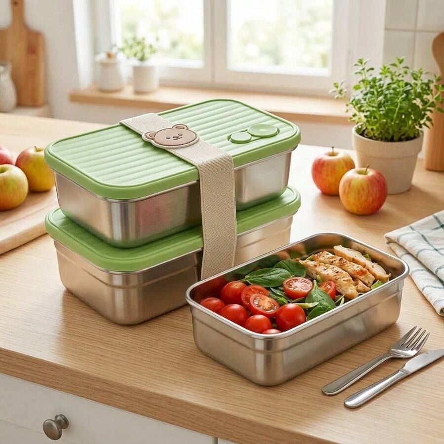Stainless Steel Bento Box Adult, Microwavable Metal Lunch Box, Stackable Meal Prep Containers With Dividers, Leak-Proof Travel Food Containers, Salad Snack Containers With Lids, With Bear Strap, For School Student - Multicolor - View 1