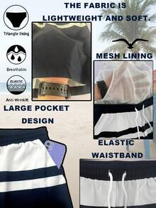 Men's Color-Block Swim Trunks (Red, White, And Navy Stripes; With Built-In Brief Liner) - Blue and White - View 9