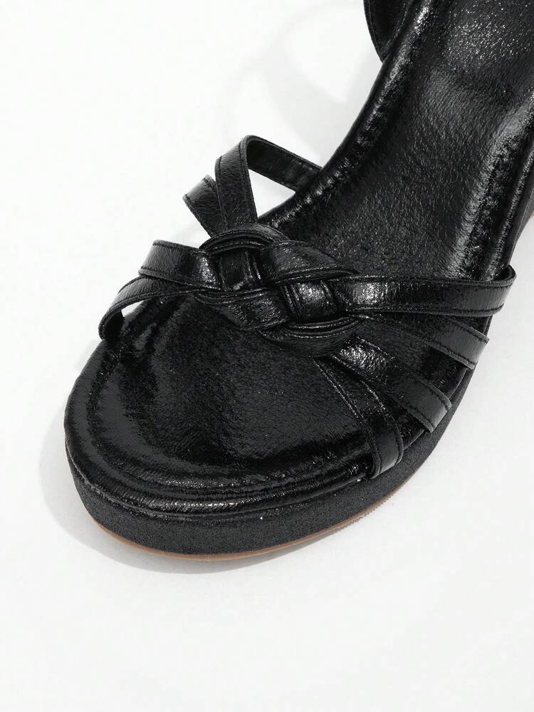 Women's Elegant Black Leather Twist Buckle Wedge Sandals, Open Toe Metal Buckle Back Strap Glitter Thick Sole Design, Suitable For Wedding, Party, Commute Office, Summer Daily Wear - Black - View 8