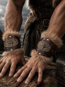 1 par de protectores de muñeca vikingos, brazaletes unisex ajustables de cuero PU con ribete de piel sintética, decoración de metal con cabeza de toro vintage, accesorios de disfraz de vaquero occidental y renacentista, accesorios de COS medieval, accesorios de disfraz de Halloween - Decoraciones de manos - Ver 6