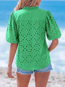 PRETTYGARDEN Women's Summer Clothes Tops Fashion Casual Short Sleeve V Neck Buttons Hollow Eyelet Lace Embroidered Blouses Shirts Festival  Beach Vacation - 綠色 - 查看 2