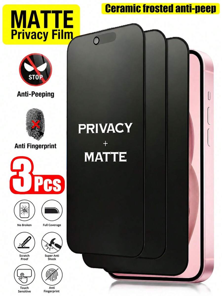 BOLLYMORE 3片裝磨砂霧面防窺螢幕保護貼，相容 iPhone 17 Pro Max [6.9 吋]，防偷窺配件，防眩光防指紋膜，相容手機殼，易安裝無氣泡，觸感順滑，相容 iPhone 17 Pro Max/17 Pro/17 Air/17E/16/15/14 Plus/13 Mini/12/11 系列 - 3件 - 查看 1