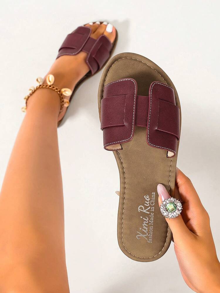Ximi Ruo Korean Style Casual Flat Slides Women's Shoes Summer Outdoor Open Toe Sandals Spring Autumn Summer New Woven Roman Summer Cool Women's, Brown - Red - View 1