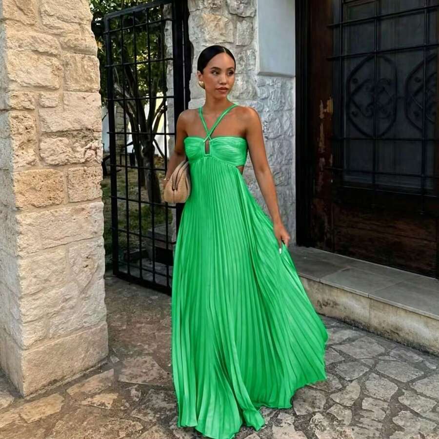 Summer New European And American Pure Color Strapless Pleated Sleeveless Dress - 綠色 - 查看 1