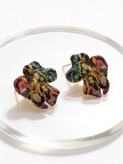 1 Pair Fashion Wild Personalized Geometric Metal Sheet Colorful Python Pattern Stud Earrings Suitable For Summer Vacation Wedding Party Daily Wear