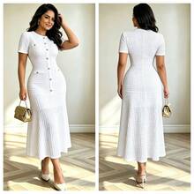Elegant Plus Size White Knitted Bodycon Dress Short Sleeve Round Neck Long Midi Casual Dress Summer - White - View 1