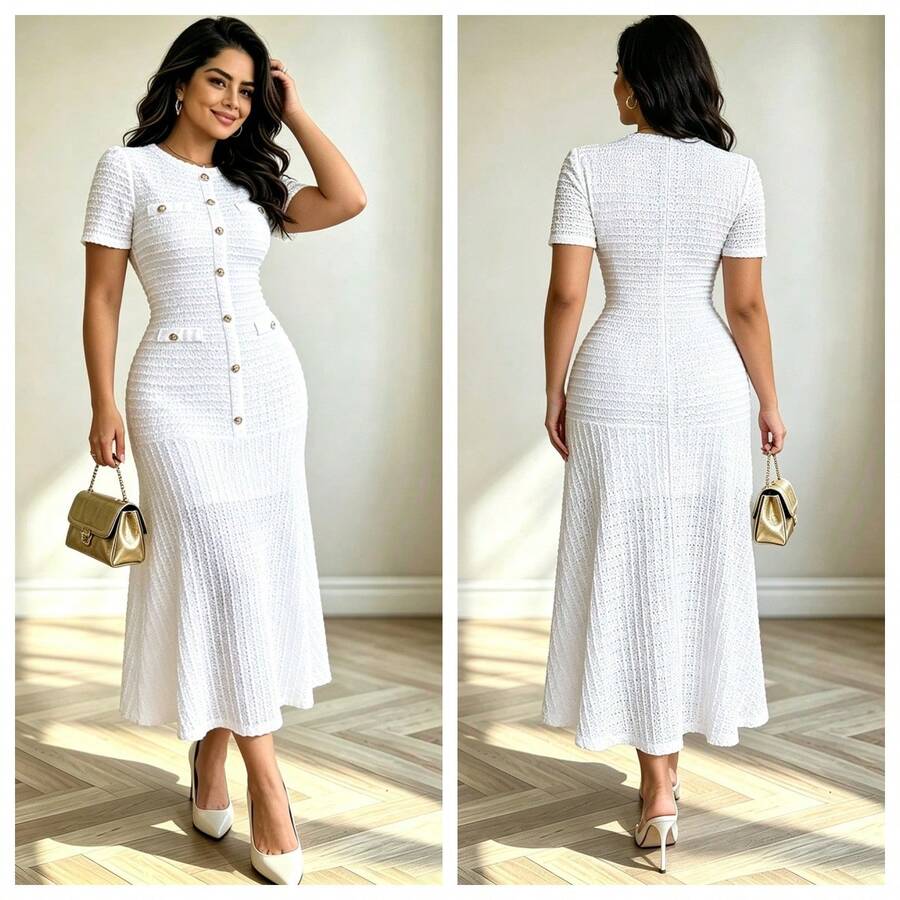 Elegant Plus Size White Knitted Bodycon Dress Short Sleeve Round Neck Long Midi Casual Dress Summer - White - View 1