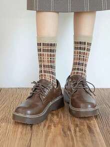 5 Pairs Women's Brown Argyle Round Toe Mid-Calf Socks, Soft Vintage Preppy Casual Socks, Suitable For Autumn Campus Daily Wear And Gifting - Multicolor - View 4