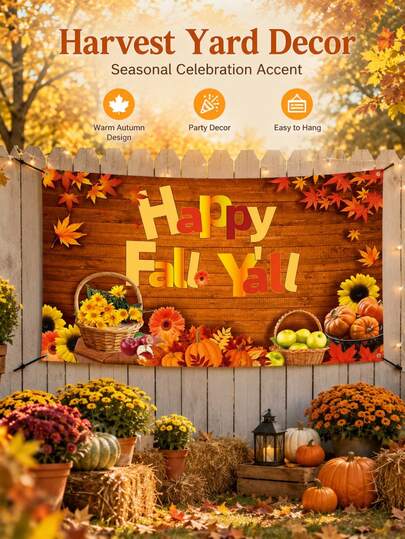 1pc Happy Fall Y'all Autumn Backdrop Banner, Maple Leaf Sunflower Pumpkin Harvest Photo Background For Thanksgiving Farmhouse Party Decor