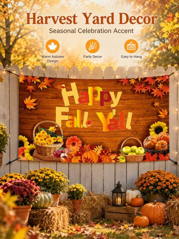 1件 Happy Fall Y'all 秋季背景布橫幅，楓葉向日葵南瓜豐收拍照背景，感恩節農舍風派對裝飾