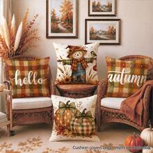 Autumn Vintage Plaid Scarecrow Pumpkin Cushion Cover 4-Piece Set, Single-Sided Printed Peach Skin Velvet Polyester Material, 45*45CM/18*18inch Pillow Covers Suitable For Room Decor, Modern Minimalist Sofa Living Room Decoration, Gift Giving, Party Decoration - Multicolor - View 6