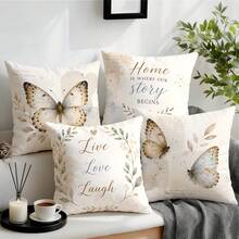 4pcs Vintage Ink Butterfly Home Text Pattern Pillow Covers, Single-Sided Printed Pillow Covers, Suitable For Living Room, Bedroom, Home Decor, All-Season Pillow Covers - Multicolor - View 10