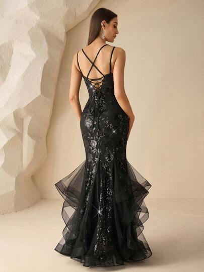 XUCTHHC Elegant High Quality Sequin Sleeveless Mermaid Hem Black Evening Gown,For Prom,Party,Graduation,Wedding Guest ,Festivals, Fall/Winter
