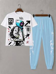 Plus Size Men's 2 Pieces Set, Men's Long Pants, Graphic T-Shirt, Streetwear Series "Masked Person 23 Graffiti Print" Pattern Outfit - Polyester Fabric, Drawstring, Pockets, Suitable For Plus Size Body - Multicolor - View 2