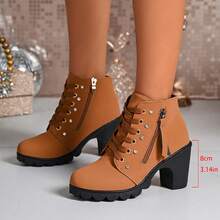 Sepatu Bot Ankle Wanita Ujung Bulat Hak Tebal dengan Hiasan Berlian Imitasi dan Resleting Samping, Sepatu Bot Vintage untuk Perjalanan Musim Gugur/Dingin yang Menambah Tinggi Badan - Coklat - View 7
