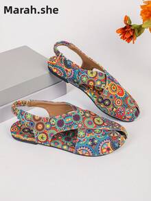PWIIMG Women's Bohemian Vintage Style Elastic Strap Flat Sandals, Fashion Cross Strap Colorful Random Print Pattern Summer Sandals, Closed Toe Hollow Out Sandals, Casual Vacation Beach Shoes, Women's Sports Sandals, Lightweight Comfortable Summer Commute Cloth Shoes, Indoor Home Wear, Street, Outdoor Walking, Commuting - Multicolor - View 4