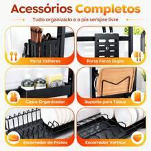 Sing-e Escorredor de Louça Suspenso  Andares – Ajustável 65-105cm, com Porta Retrátil e 5 Acessórios, Organizador de Pia em Aço Antiferrugem - 105cm Preto (Conjunto) - Visão 6