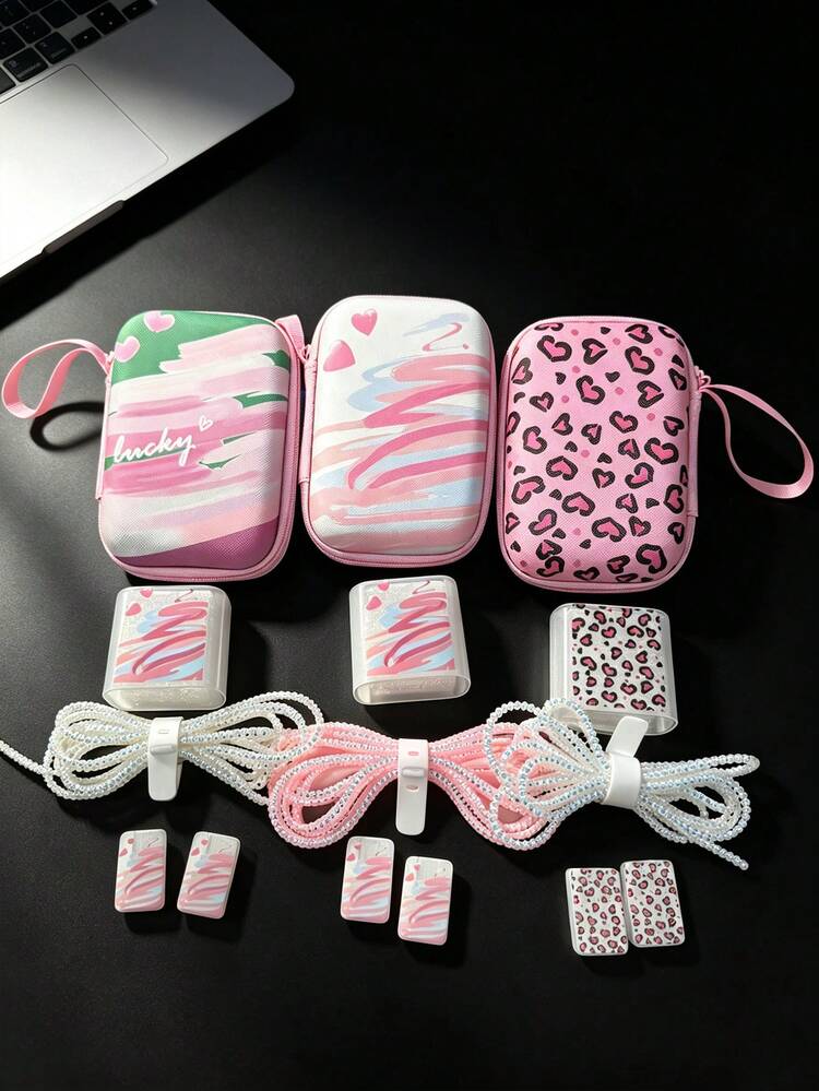 6pcs Pink Watercolor Heart & Leopard Print Data Cable Protector Set With Watercolor Heart & Leopard Print Storage Bag, Matching Pattern Charger Head Protector, Laser Gradient Data Cable & Cable Clip, Shockproof & Drop-Resistant Portable Handheld Storage Bag, Can Store Earphones & Fast Charging Power Bank, Gentle Style Student Commute All-In-One Data Cable Protection Set - View 1