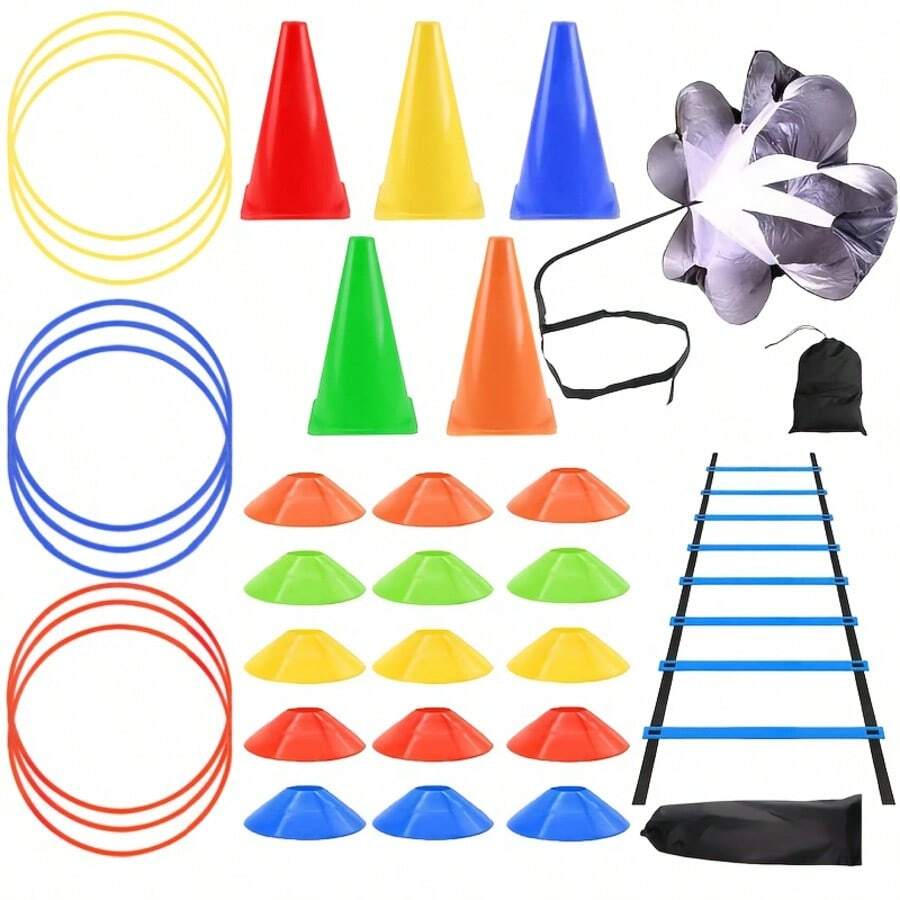 Outdoor Sports Agility Ladder Training Set, Football American Football Rugby Speed And Agility Training Equipment, Includes Resistance Parachute, Training Cones, Marker Stakes And Storage Bag, Athlete Fitness Gear - Multicolor - View 1