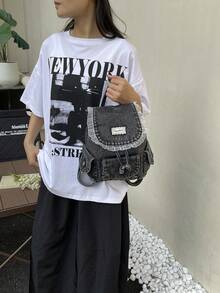 Dedoo 女款迷你抽繩翻蓋後背包，純色無印花，無吊飾蕾絲飾邊標籤，雙側口袋，適合日常通勤、上學、旅行 - 黑色 - 查看 4