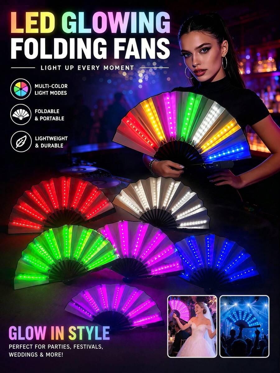Abanico de mano plegable con luz LED multicolor, abanico brillante que cambia de color, accesorio de estilo hada dulce y punk callejero, adecuado para carnaval, cosplay, Halloween, festival de música, fiesta de boda, fotografía de escenario y danza tradicional - ventilador de luz LED - Ver 1