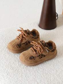 1 Pair Leopard Print German Trainer Shoes, Spring/Autumn New Style Girls' Sports Shoes, Versatile Boys' Retro Shoes, Style - Brown - View 1
