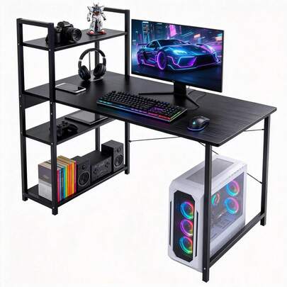 KACOTA Escritorio Minimalista con Repisa de 3 Estantes, Escritorio para Computadora, Moderno Escritorio Game de Metal, Estilo Minimalista Moderno, Escritorios para Oficinas en el Hogar(100D*40W*100H)