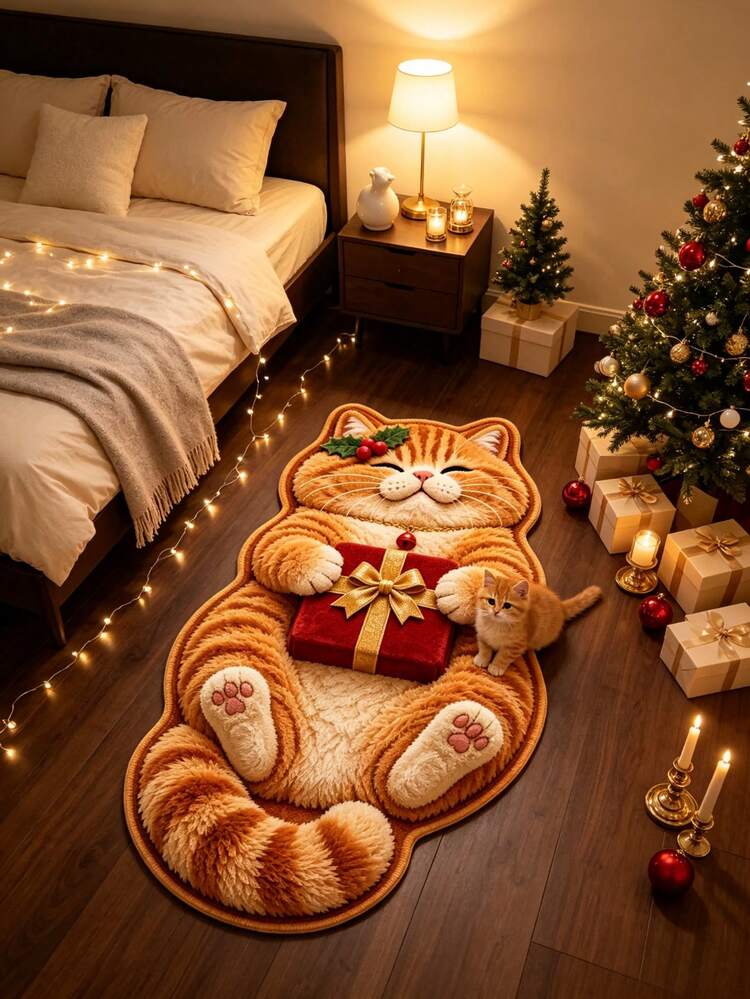 1pc Orange Cat Lying Down Christmas Gift Floor Mat, Living Room Carpet, Area Rug, Home Decor, Room Decoration, Washable Carpet, Christmas Gift - Lying down Christmas Gift Orange Cat - View 2