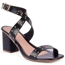 Sandália Feminina Salto Grosso 7,5cm Cravinhos Casual Elegante Confortável Festa Moda  Luxo - Preto - Visão 2
