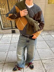 Men's Autumn/Winter Retro Colorblock Argyle Knit Pullover Sweater - Multicolor - View 5