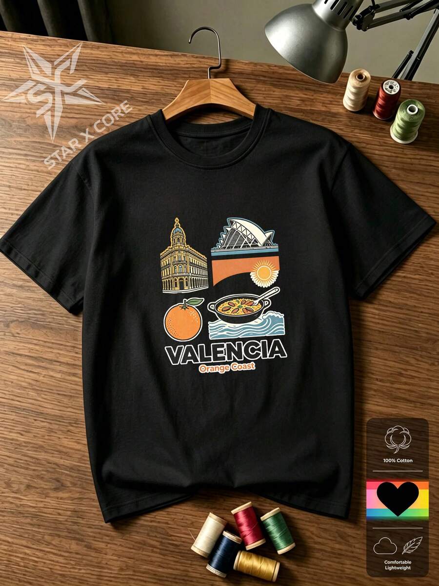 VALENCIA Coastal Orange Print Cotton Short Sleeve T-Shirt Spain Summer Vacation Look - 黑色 - 查看 1