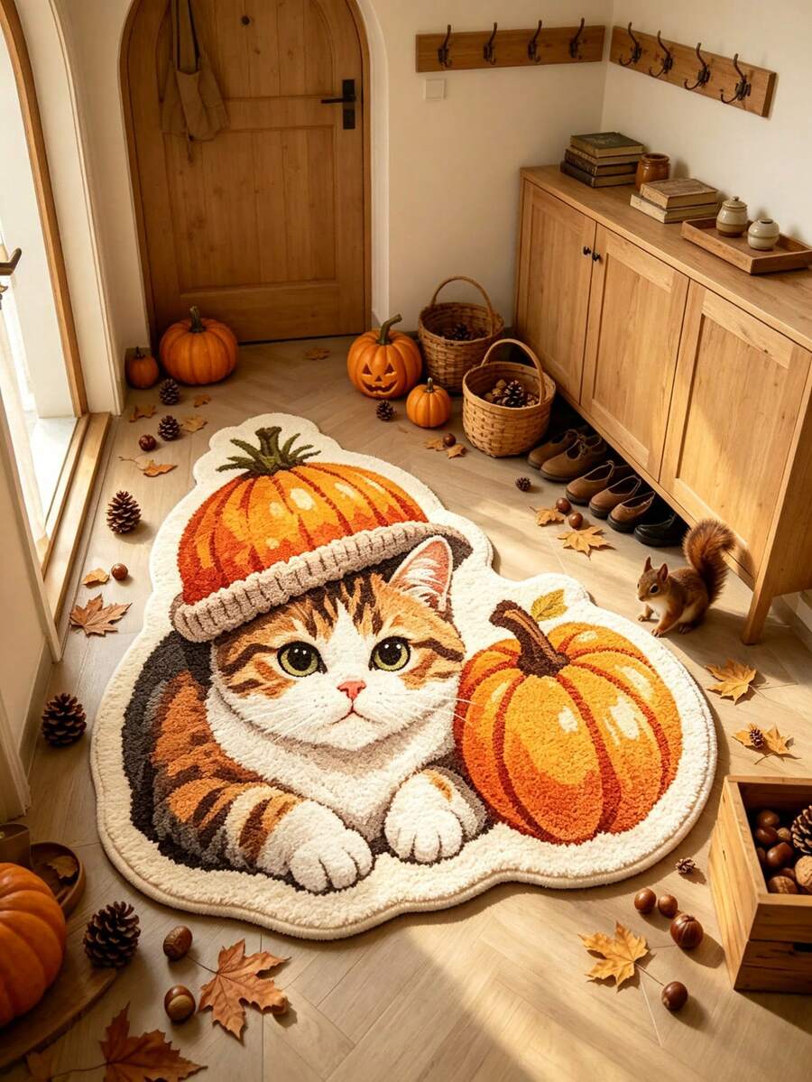 1pc Halloween Theme Cat And Pumpkin Pattern Doormat, Bath Mat, Bathroom Rug, Door Mat, Small Rug, Carpet, Floor Mat, Home Decor, Area Rug, Outdoor Mat, Home Decor, Area Carpet, Bedroom Rug, Washable Carpet - Multicolor - View 1