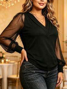 Plus Size Women's V-Neck Mesh Long Sleeve T-Shirt, Casual Summer/Autumn Top - Black - View 2