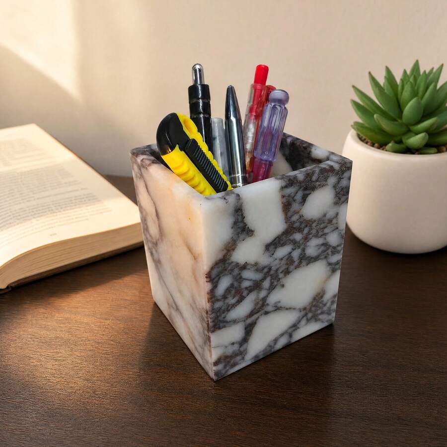 Glowing Marble Candle & Diffuser Stand, Multi-Functional Storage Cup For Cosmetics, Elegant Home Decor Accent For Spa & Hotel - Purple Plaid White - View 1