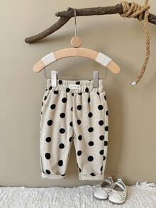 Baby Girl Black Polka Dot Decor Cuffed Pants, Elastic Waist, Versatile Loose Stretch Casual Long Pants - Black - View 3
