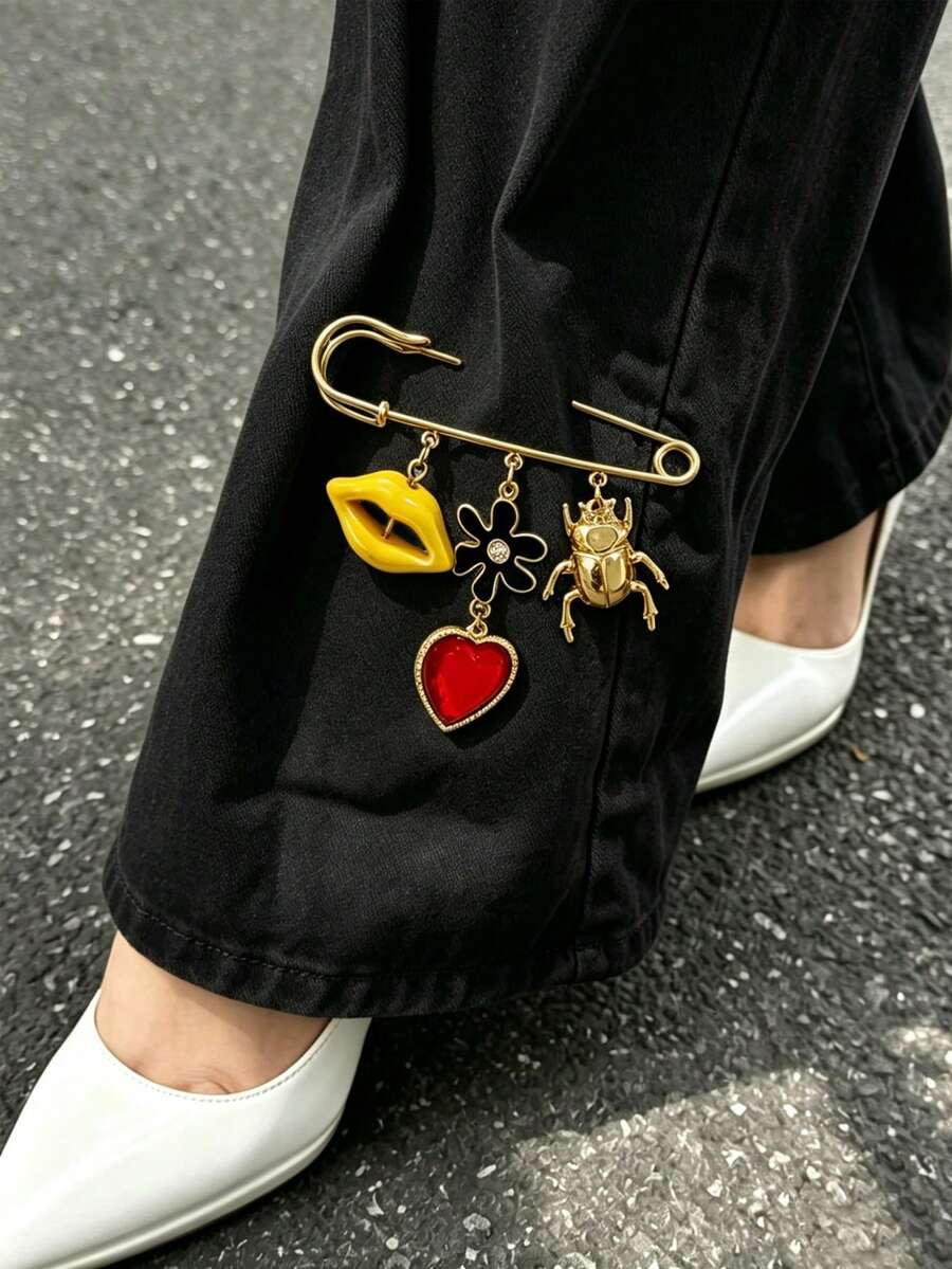 1件女款Y2K街頭風安全針胸針,愛心甲蟲花朵嘴唇趣味趣味胸針,褲腿鏈條,包包裝飾,日常配件 - 金色 - 查看 1