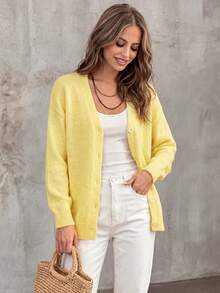 Women's Early Fall V-Neck Solid Color Soft Lazy Loose Single-Breasted Long Sleeve Knit Cardigan Daily Tea Time Commute Outing Layering Versatile Basic - Yellow - View 5