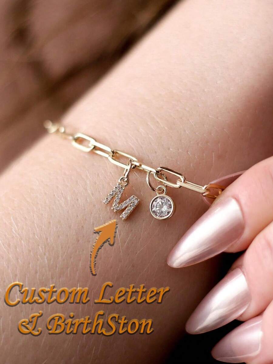 Customized Letter Initial Birthstone Bracelet: Customized Letter Pendant - Multicolor - View 1
