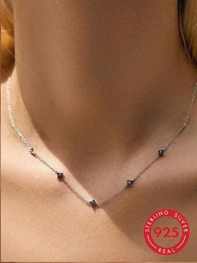 GAGAFEEL 1pc Simple S925 Sterling Silver Flower Full Sky Star Zirconia Necklace Collarbone Chain Gift For Women Daily Wear
