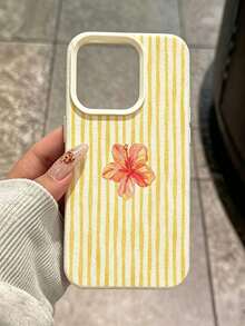 1PC Fashion Yellow Stripe Pink Flower Sweet Pattern Lychee Texture Phone Case Compatible With Apple 17Promax/16Pro/15Promax/14plus/13Pro/12Promax/11 Protective Cover - Beige - View 7