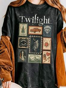 Vintage Twilight Movie Women T-Shirt, Retro Vampire And Wolves Graphic Tee, Y2K Oversized Classic 2000s Film Aesthetic Apparel, GothicHorror Romance - 黑色1 - 查看 3