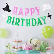 女巫主題生日快樂橫幅，閃粉邪惡生日派對橫幅，漸層粉色與綠色派對裝飾，女巫邪惡派對裝飾拍照背景道具 - 彩色 - 查看 4