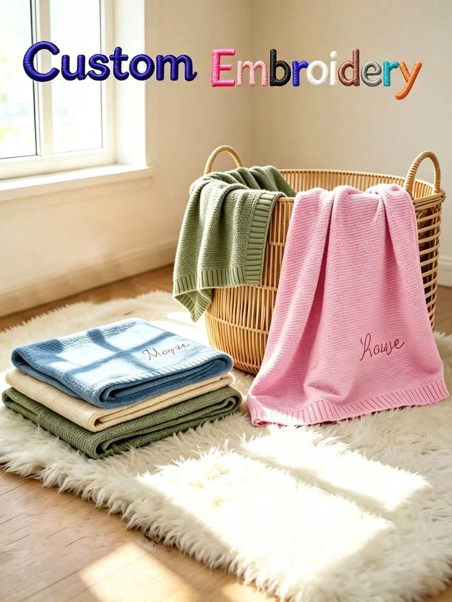 All-Season Personalized Embroidered Soft Skin-Friendly Blanket, Knitted Throw Gift, Office Nap Blanket For Commuters, Home And Office Dual-Use, Sofa Blanket, Versatile Bed Cover, Pure Cotton Breathable Comfort Blanket, Indoor/Outdoor Use, Handmade With Love, Customizable Text Options, Portable | Fashionable | Soft Texture, Nap Blanket, Sofa Throw, Customized Family Blanket, Machine Washable (Name/Initial/Text), Multiple Colors - Multicolor - View 1