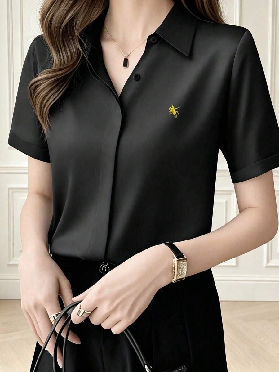 Silk Short Sleeve Designed Chic Hong Kong Style Satin Shirt, Solid Color, Button Up, Office Wear Spring Black