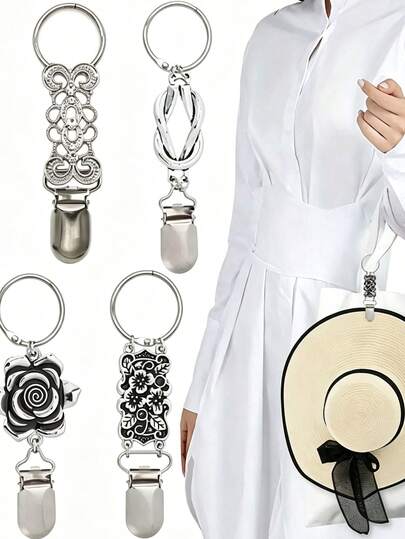 Bohemian Style Bag & Hat Clip, Metal Ring Hat Fixing Clip, Decorative Floral Pattern Scarf & Hat Clip, Travel, Beach, Outdoor Activity Anti-Loss Hat Storage Clip