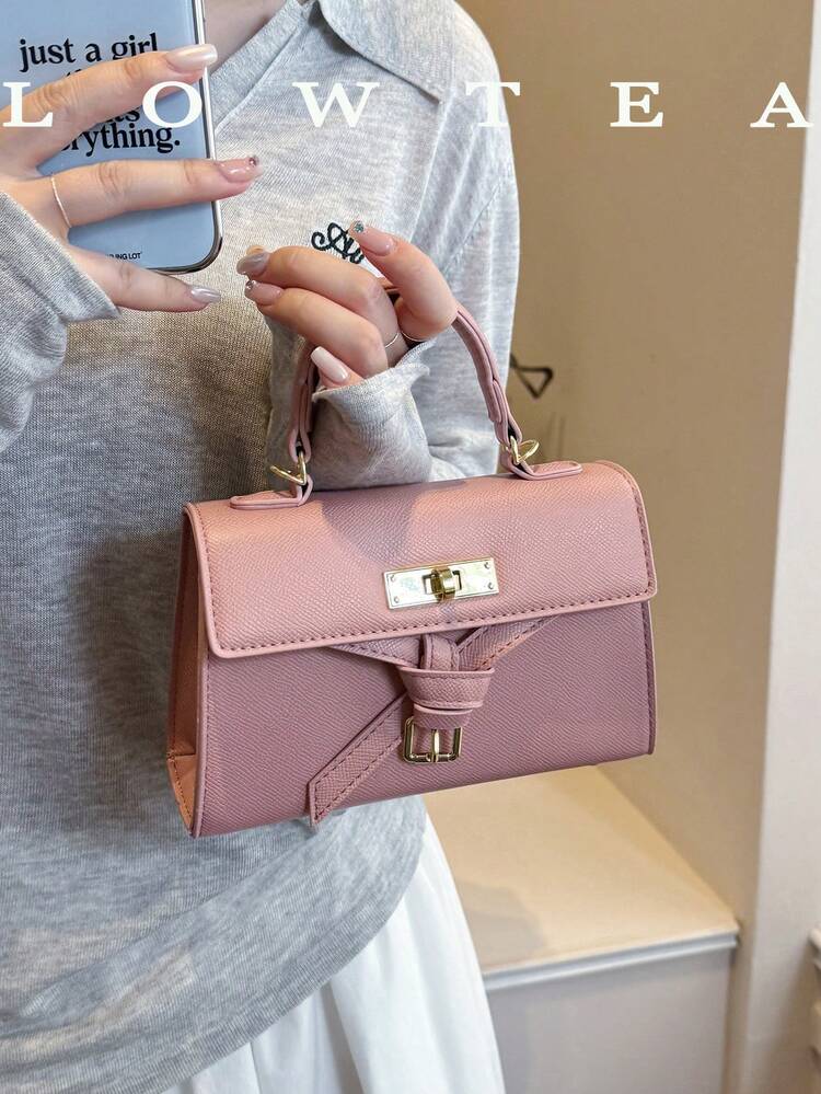 Low Tea 1件裝純色PU布料女款優雅時尚方形托特包，頂部單手柄設計，按扣開合，可拆卸可調節肩帶，可用於單肩或斜跨，適合旅行、購物、約會，通勤、戶外、出遊，女性禮物首選 - 粉色 - View 5